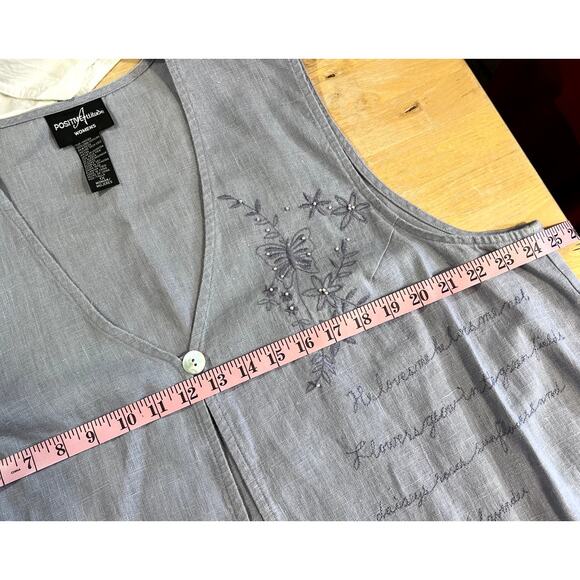 Vtg 90s Positive Attitude Linen Midi Dress Vest Set 1X Floral Embroidered Pearls - Picture 6 of 16